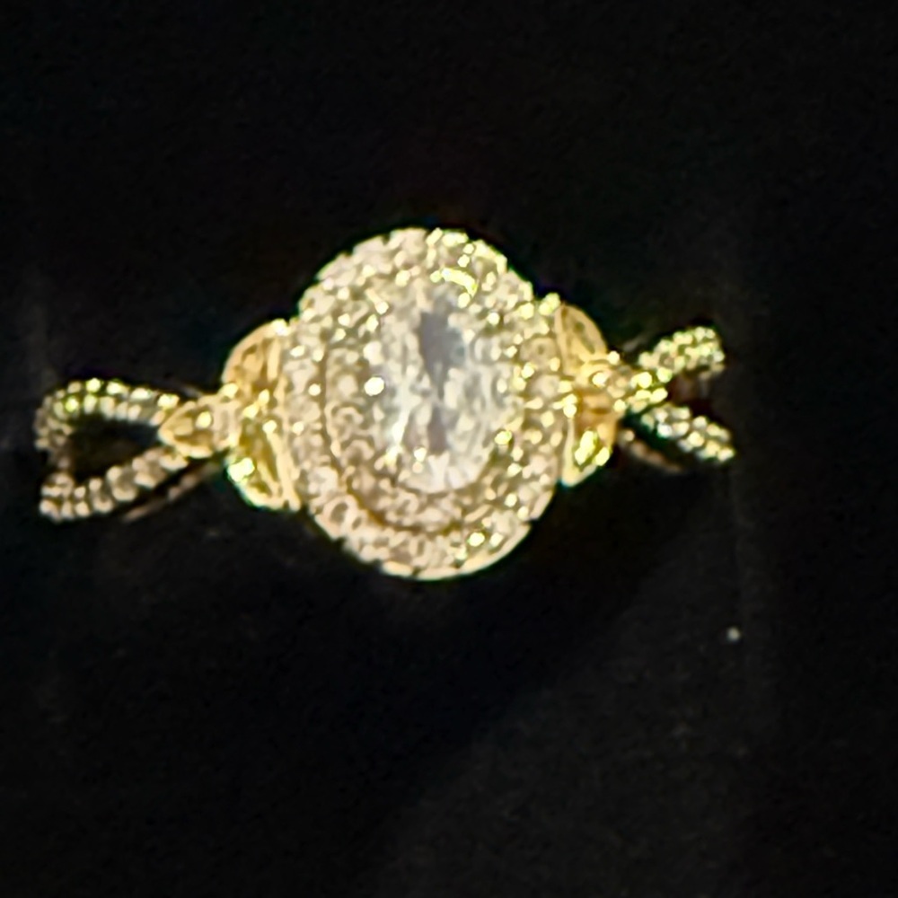 Halo Oval Cubic Zirconia Engagement Ring Gold Tone Pavé Split Shank